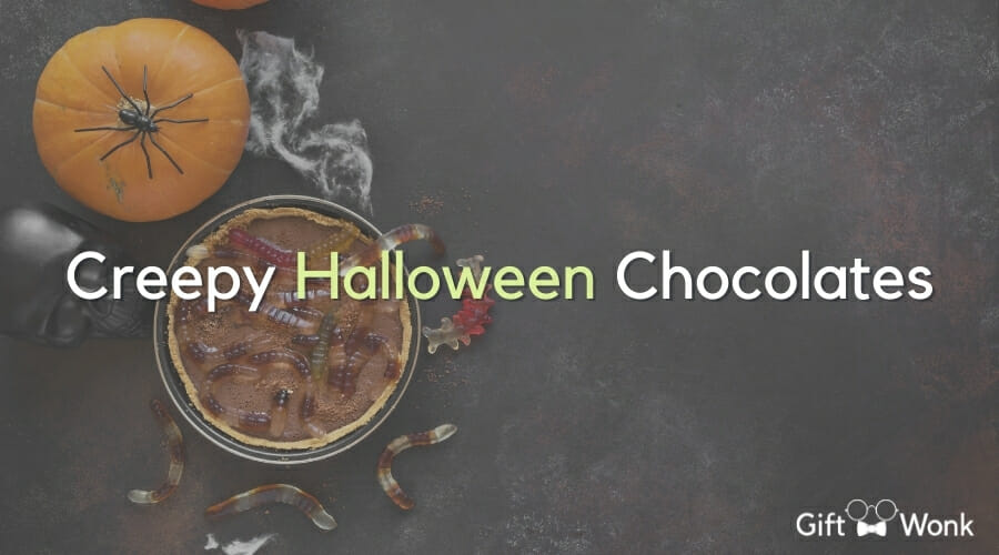 creepy Halloween chocolate title image with Halloween-themed pie in the background