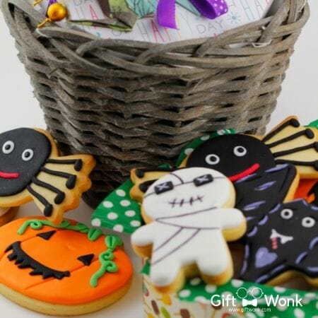 Halloween gift basket with sugar cookies of Halloween characters