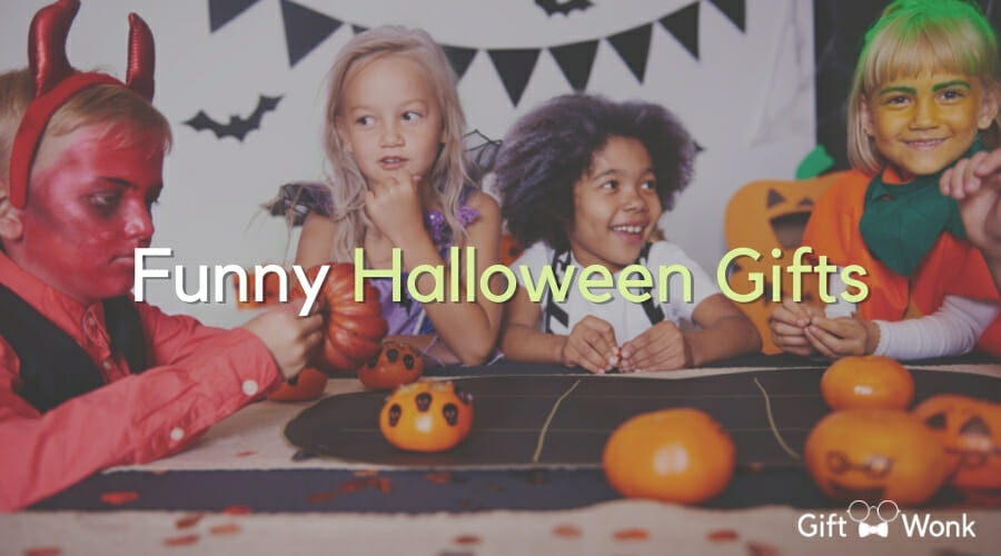 Funny Halloween Gag Gifts title image with kids in costumes in the background