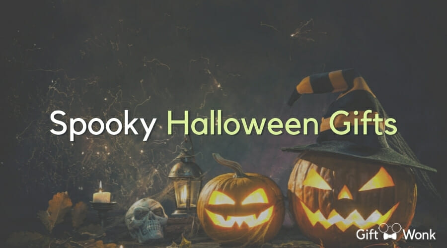 Cute Halloween Gifts title image with glowing pumpkin in the background