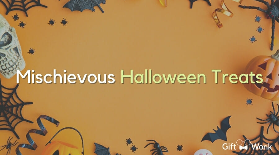Mischievous Halloween treats title image with Halloween decoration in the background