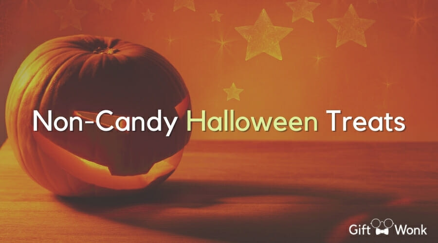 Non-candy Halloween treats title image with glowing pumpkin in the background